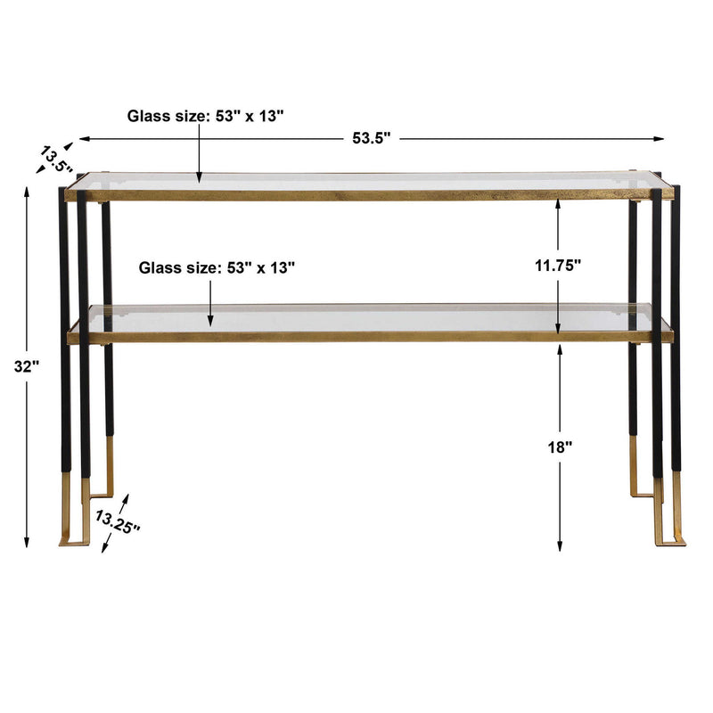 Uttermost Kentmore glass console table with sleek metal frame and clear glass top, modern style for entryways or living rooms.