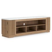Light brown Camdill XL TV stand with fireplace option from Signature Design by Ashley, featuring storage compartments and modern design.