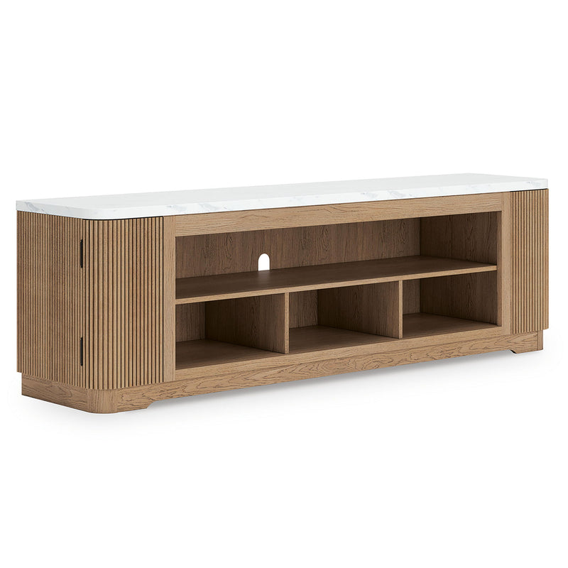 Light brown Camdill XL TV stand with fireplace option from Signature Design by Ashley, featuring storage compartments and modern design.