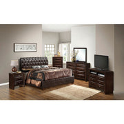 Dark brown upholstered King bed from Glory Furniture's Marilla collection, featuring a plush headboard and elegant design.