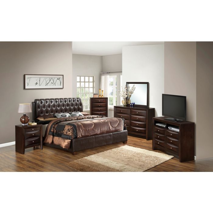 Dark brown upholstered King bed from Glory Furniture's Marilla collection, featuring a plush headboard and elegant design.