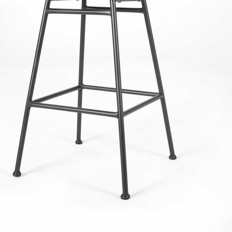 Set of two Noble House Sawtelle outdoor wicker barstools with high backs and armrests, ideal for patio or outdoor dining.