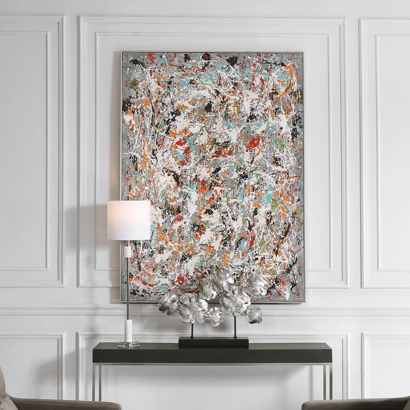 Hand painted canvas art titled Organized Chaos in Pearl Silver by Uttermost, featuring an abstract, textured design.
