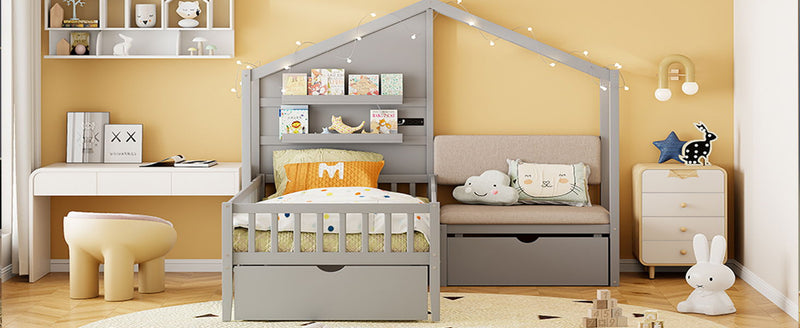 House Bed With Upholstered Sofa, Wireless Charging Station, Shelves And 2 Drawers - R&R Furniture Gallery (Fountain Valley, CA)