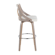 Lumi Source Charlotte farmhouse fixed height bar stool set with round footrests, featuring rustic wooden design and comfortable seating.