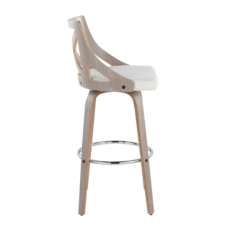 Lumi Source Charlotte farmhouse fixed height bar stool set with round footrests, featuring rustic wooden design and comfortable seating.