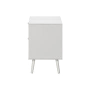 White 8th Street accent table with storage drawers, featuring a sleek design and functional surface for living room or bedroom use.