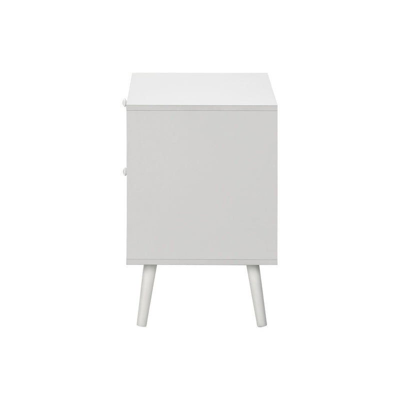 White 8th Street accent table with storage drawers, featuring a sleek design and functional surface for living room or bedroom use.