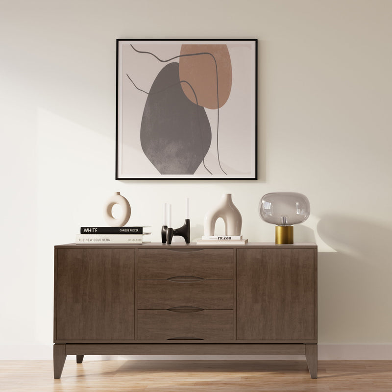 Simpli-Home Harper sideboard buffet with sleek wood finish, featuring storage cabinets and drawers for modern dining room decor.