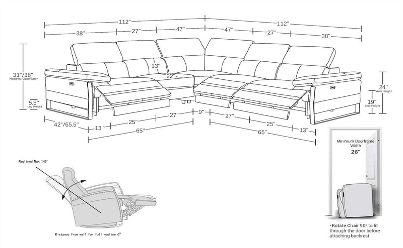 1246 - 5-Piece L-Shaped Modular Power Reclining Sectional With Power Headrests