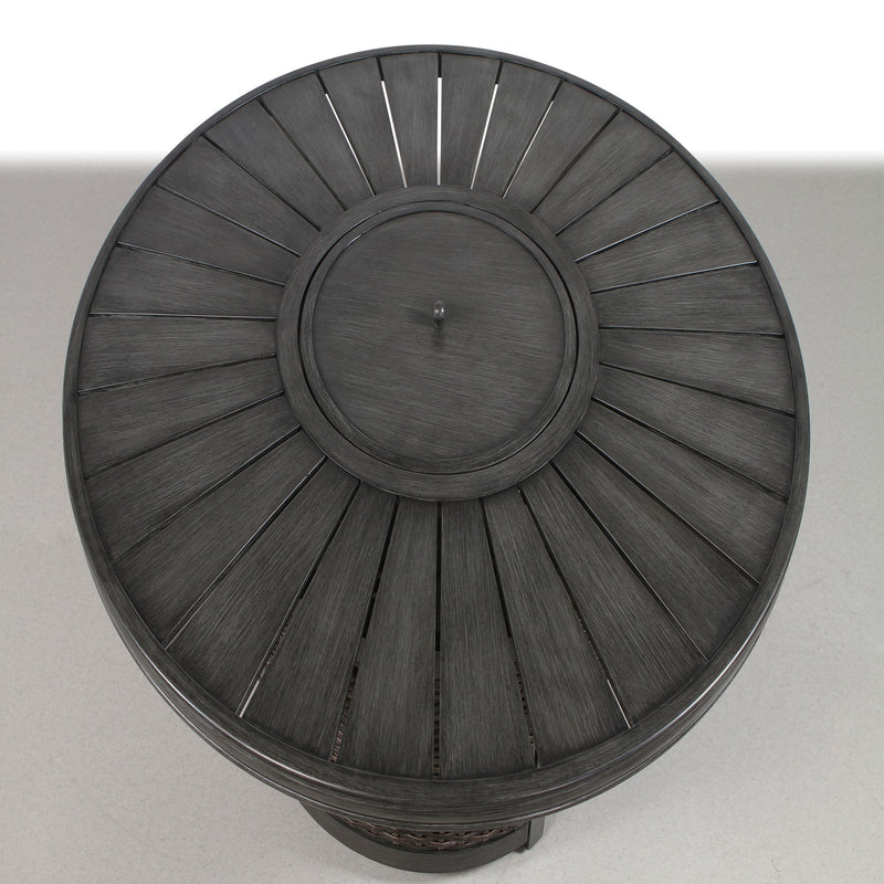 Gray propane outdoor fire pit table by LSI Patio Furniture featuring a sleek, modern fire pit design with a smooth surface.