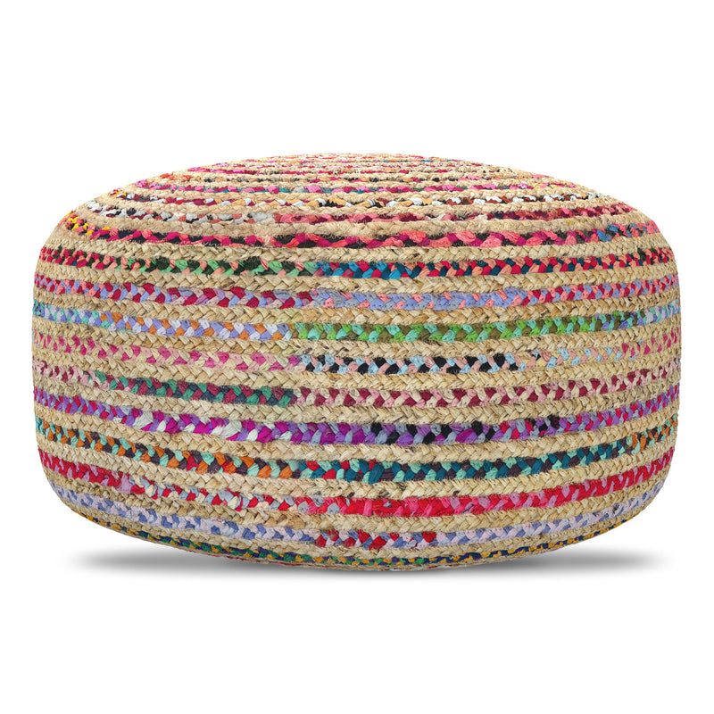 Large multicolor round accent pouf by Simpli-Home, featuring a vibrant, cushioned seat perfect for living rooms or seating areas.