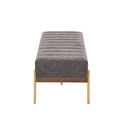 Luxury upholstered Thorian ottoman bench by Noble House with gray fabric, gold metal base, channel tufting, and plush cushioning.