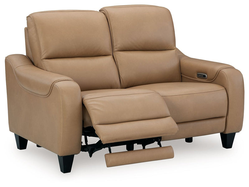 Ashley Mosswell power reclining loveseat with adjustable headrest in toffee, showcasing plush fabric and comfortable seating.