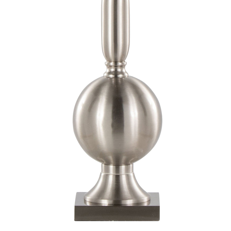 Set of two Lumi Source Joan contemporary table lamps with nickel and gray satin finishes, featuring modern design and sleek bases.