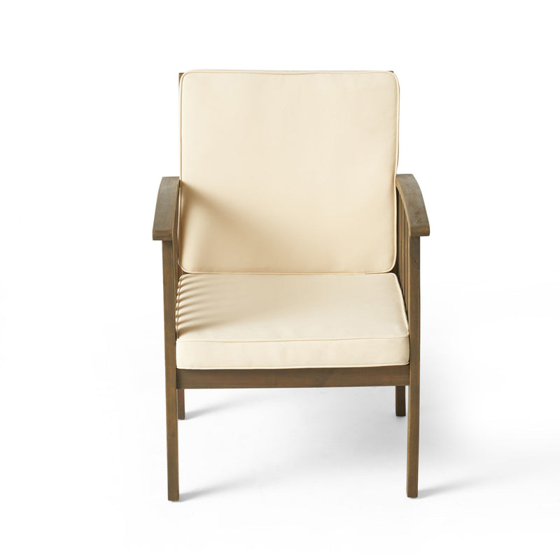 Pair of Noble House Casa Acacia wood club chairs with gray and cream water-resistant cushions, set of two, perfect for outdoor lounging