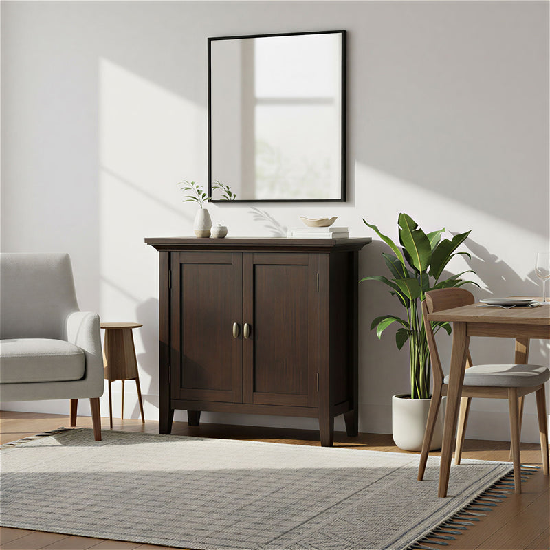 Simpli-Home Redmond low storage accent cabinet in brunette brown with a sleek design and multiple storage compartments.