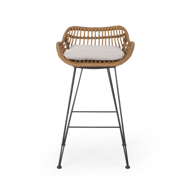 Outdoor rattan bar chair with metal legs from Noble House, part of a stylish outdoor stool set, featuring woven rattan seating.