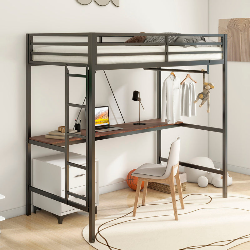 Adam - Twin Loft Bunk Bed With Cinnamon Wood Desk And Closet Rod - Black - R&R Furniture Gallery (Fountain Valley, CA)