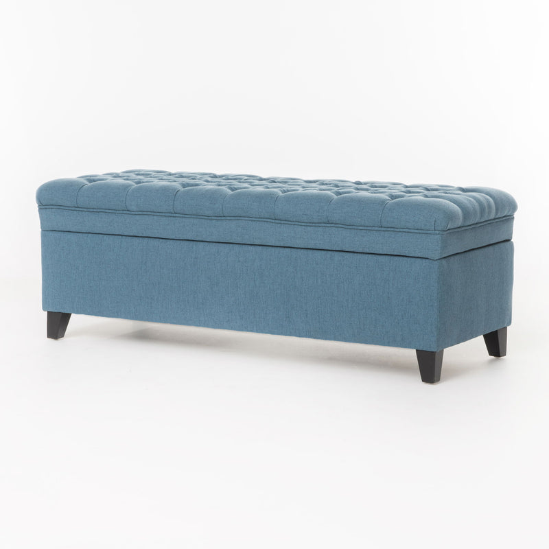 Juliana storage ottoman by Noble House with birch wood legs, featuring a cushioned top and spacious interior for versatile storage.