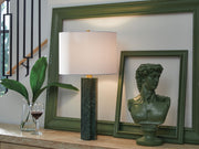 Signature Design by Ashley Keegan marble table lamp with green finish, featuring a sleek base and fabric shade for modern home decor.