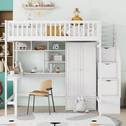 DreamHaus loft bed with integrated bookshelf, drawers, desk, and wardrobe for space-saving bedroom storage and organization.
