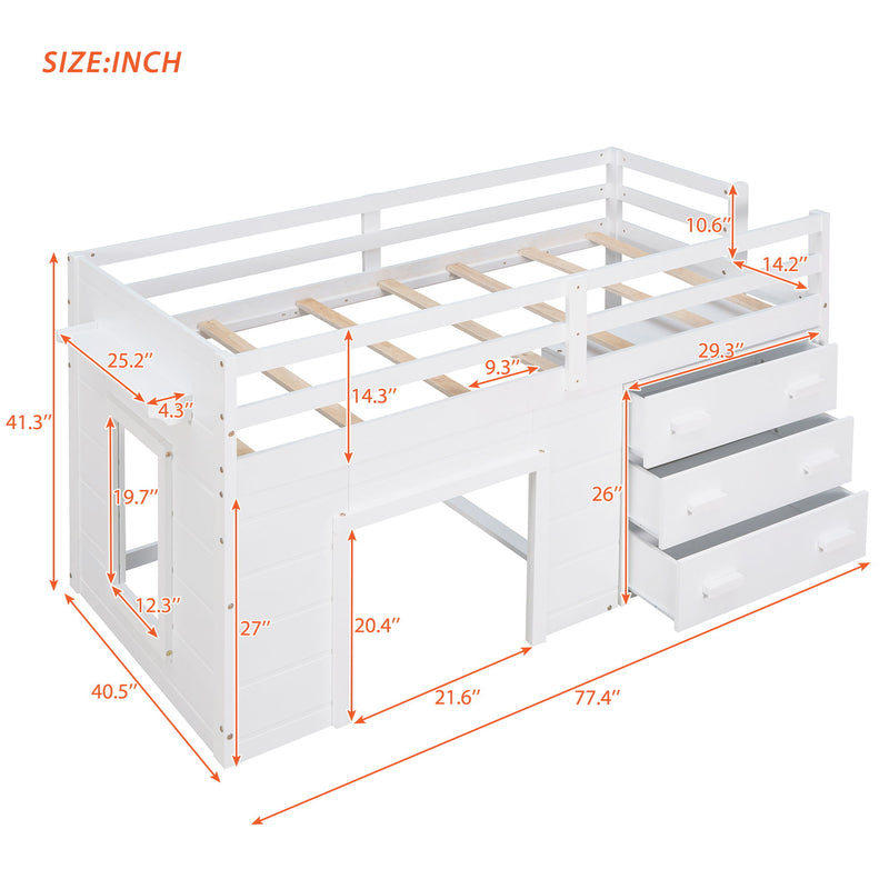 DreamHaus loft bed with integrated cabinet and shelf, featuring a modern wooden design and space-saving structure for kids' bedrooms.