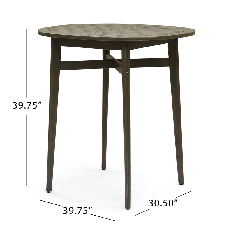 Noble House outdoor acacia wood bar table with slat top, ideal for outdoor patio or backyard seating areas.