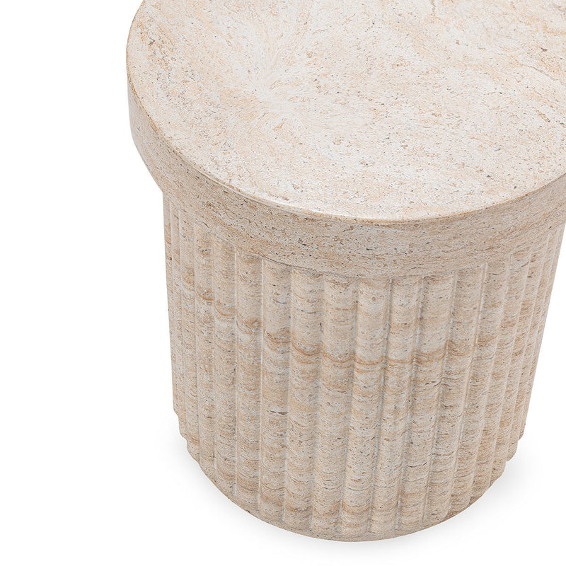 Classic Home Selah outdoor beige stool and table, versatile end table with a sturdy design, suitable for patio or garden use.