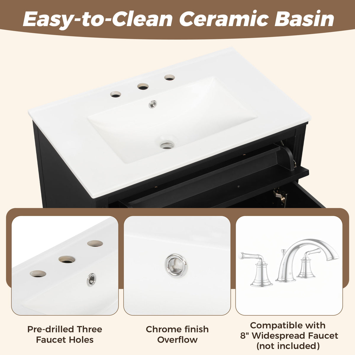 Freestanding Bathroom Vanity With Sink, Soft Close Door, Tip Out Drawer