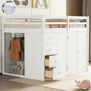 DreamHaus loft bed with built-in wardrobes, cabinets, and drawers, showcasing a modern bedroom setup with ample storage.