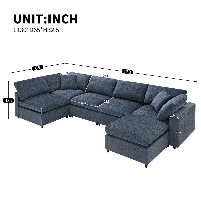 Modern Luxe & Co. modular cloud sofa bed with six seats, ottoman, and U-shaped sleeper for stylish living room seating.