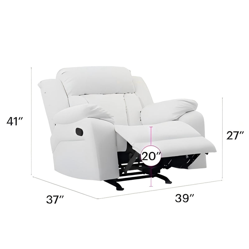 Glory Furniture rocking motion recliner with cushioned seat, armrests, and wooden base, designed for comfortable relaxation.