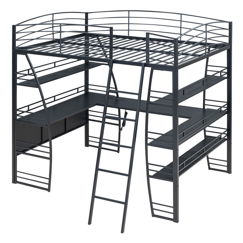 Loft Bed With 4 Layers Of Shelves And L-Shaped Desk, Stylish Metal Frame Bed With A Set Of Sockets, USB Ports And And Wireless Charging - R&R Furniture Gallery (Fountain Valley, CA)