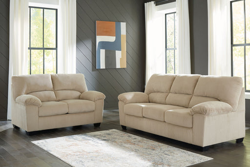 Signature Design by Ashley SimpleJoy living room set with stationary sofas and loveseats in a modern, comfortable fabric.