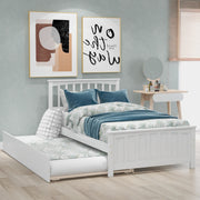DreamHaus platform trundle bed with clean wooden frame and spacious under-bed storage, ideal for space-saving bedroom solutions.