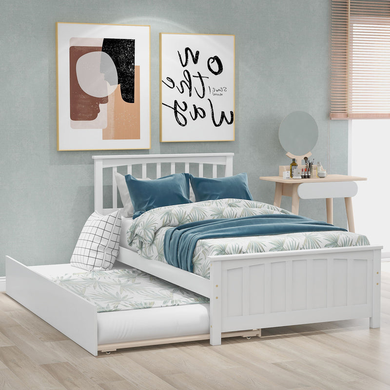 DreamHaus platform trundle bed with clean wooden frame and spacious under-bed storage, ideal for space-saving bedroom solutions.