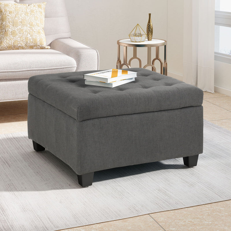 Noble House Isabella contemporary storage ottoman with plush fabric upholstery and hidden interior storage space.