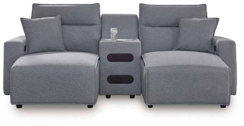 Signature Design by Ashley Modmax II reclining sectional in salt and pepper fabric, featuring plush cushions and reclining seats.