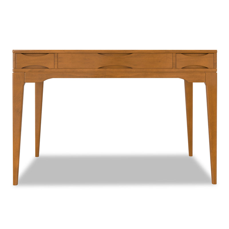 Handcrafted Simpli-Home Harper writing desk with a sleek wooden surface and modern design, ideal for home office or study space.