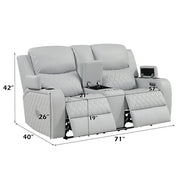 Elonzo - Power Motion Loveseat With Console, LED, Power Headrest & Speaker - Light Gray - R&R Furniture Gallery (Fountain Valley, CA)