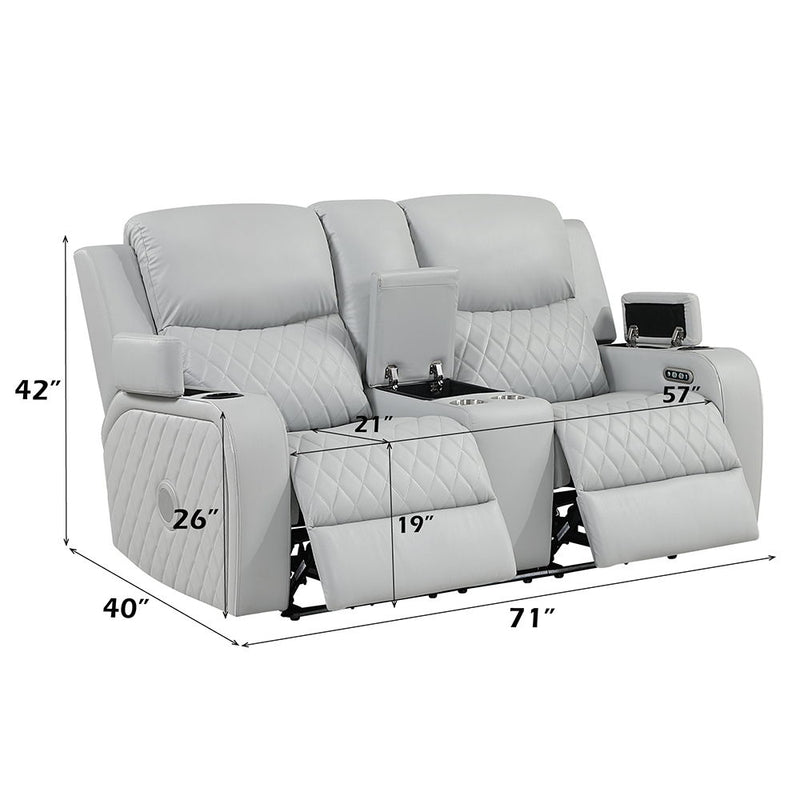 Elonzo - Power Motion Loveseat With Console, LED, Power Headrest & Speaker - Light Gray - R&R Furniture Gallery (Fountain Valley, CA)