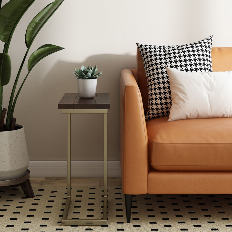 Handcrafted Skyler chair side table by Simpli-Home, featuring a wooden surface and sturdy legs for stylish living room decor.