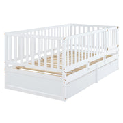 DreamHaus storage daybed with fence guardrails, two drawers, and convertible design for independent floor bed and daybed use.