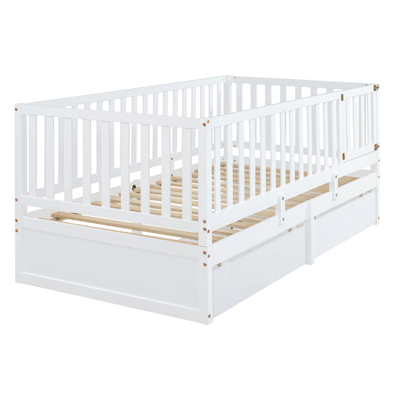 DreamHaus storage daybed with fence guardrails, two drawers, and convertible design for independent floor bed and daybed use.
