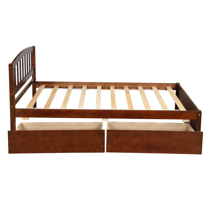 DreamHaus platform storage bed frame with two drawers and a headboard, showcasing a modern wood design and ample under-bed storage.