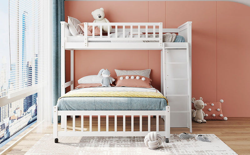 DreamHaus bunk bed with six drawers, flexible shelves, and a bottom bed on wheels, ideal for space-saving bedroom furniture.