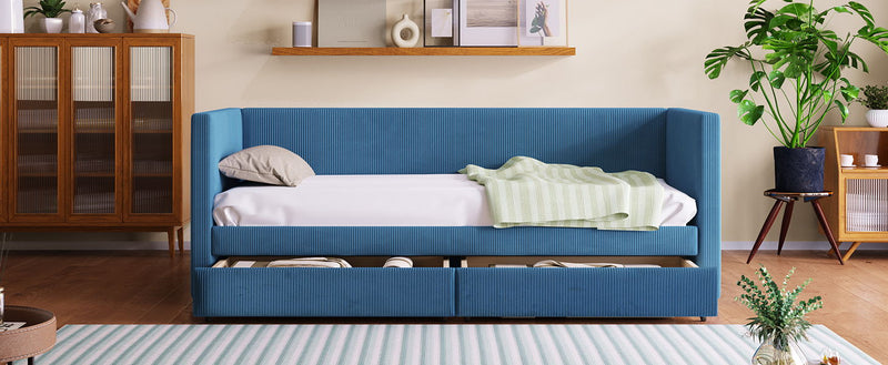 Halcyon Home storage daybed with two drawers and wood slat base, featuring a modern design and ample under-bed storage.
