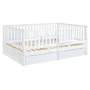 DreamHaus storage daybed with fence guardrails, two drawers, shown as a floor bed and daybed in a modern bedroom setting.