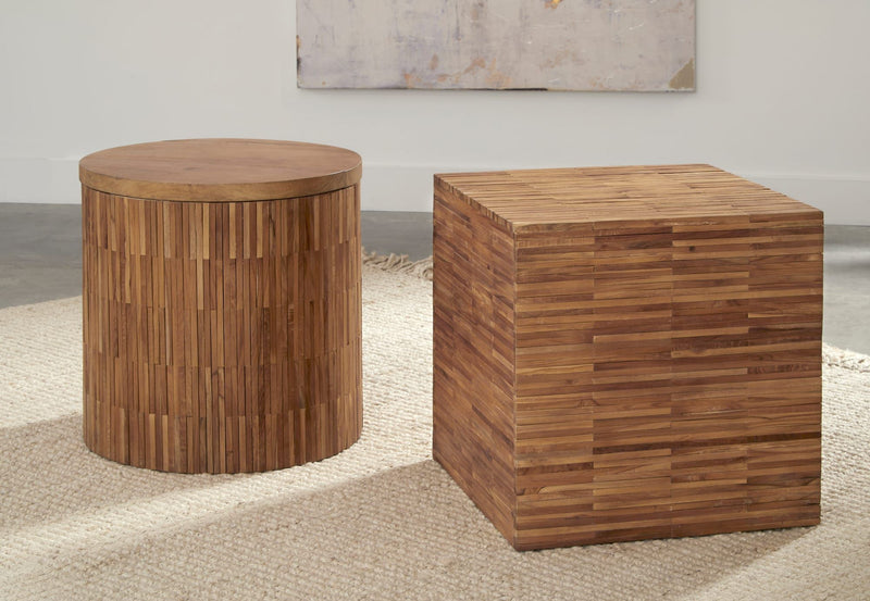 One Wood Tile Round End Table in Solid Teak